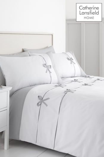 Catherine Lansfield White Milo Bow Duvet Cover and Pillowcase Set (930147) | £20 - £37