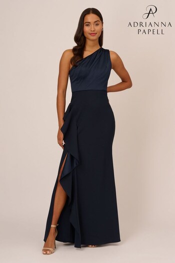 Adrianna Papell Blue One Shoulder Satin Crepe Gown (930369) | £199