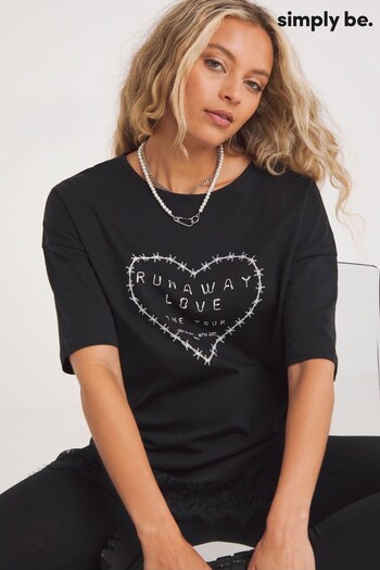Simply Be Black Runaway Love Oversized Lace Trim T-Shirt (930442) | £16