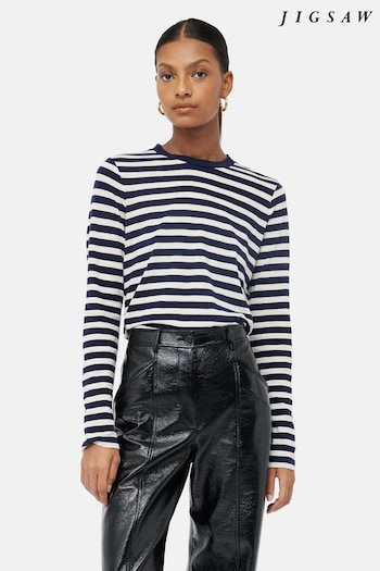 Jigsaw Blue Cotton Slub Stripe Long Sleeve T-Shirt (930554) | £45