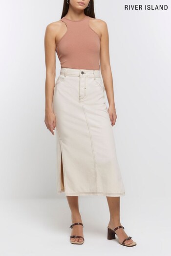 River Island Ecru Cream Midi Denim Skirt (930656) | £39