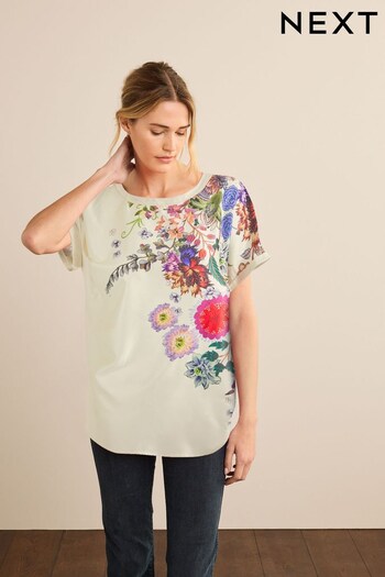 Ecru Floral Satin Short Sleeve Curved Hem T-Shirt (931050) | £28
