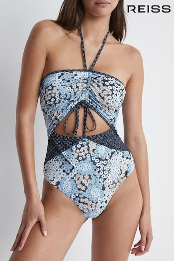 Reiss Navy Megan Printed Cut-Out Swimsuit (933394) | £110
