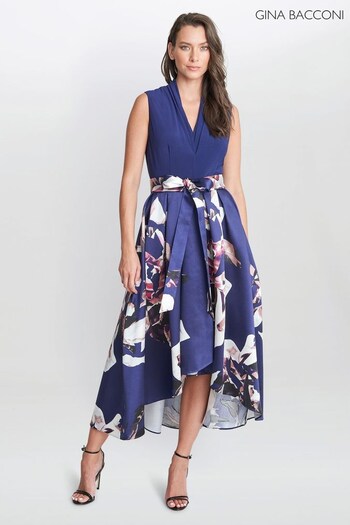 Gina Bacconi Blue Megan Sleeveless Floral High Low Dress (933428) | £299