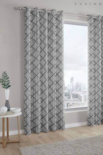 Fusion Grey Brooklyn Geo Lined Eyelet Curtains (933775) | £22 - £65