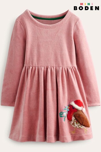 Boden Pink Christmas Robin Velour Dress (934078) | £34 - £39