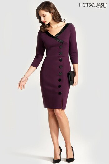 Hotsquash Purple 50's Silky Trimmed Button Wiggle Dress (935104) | £125