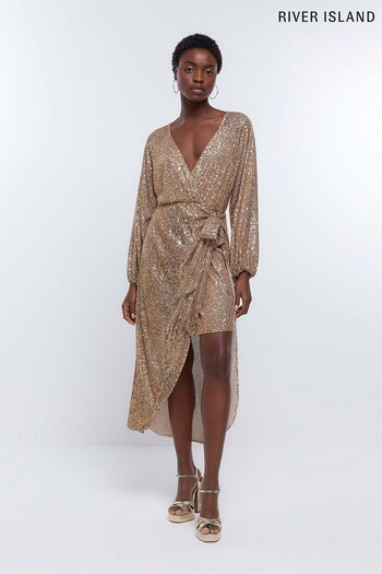 River Island Gold Sequin Kimono wrap Midi Dress (936596) | £65