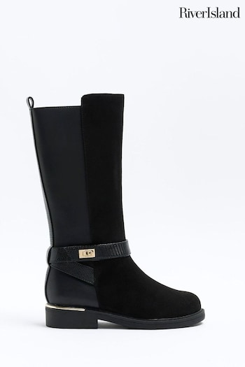 River Island Black Girls  Lock Riding Knee High Boots (937230) | £38
