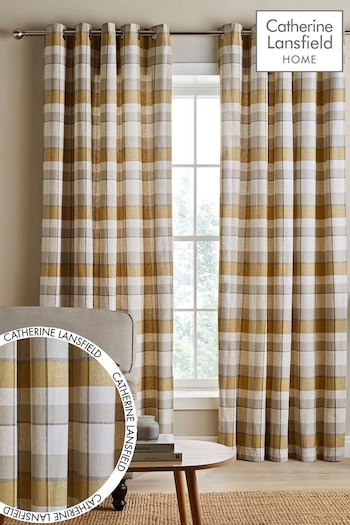 Catherine Lansfield Yellow Brushed Cotton Thermal Check Eyelet Curtains Cushion (937597) | £20 - £50