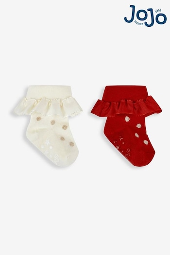 JoJo Maman Bébé Red Girls' 2-Pack Gold Spot Ruffle Socks (938401) | £9.50