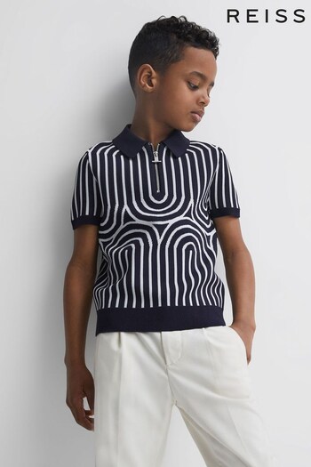 Reiss Navy/White Maycross Senior Half-Zip Striped Polo T-Shirt (938506) | £42