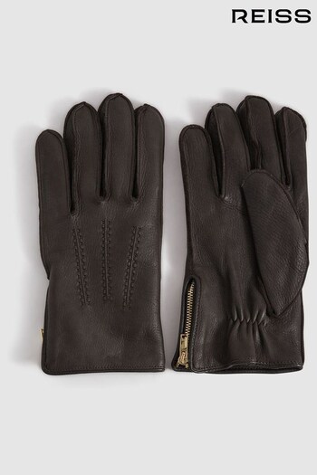 Reiss Chocolate Iowa Leather Gloves (939362) | £98