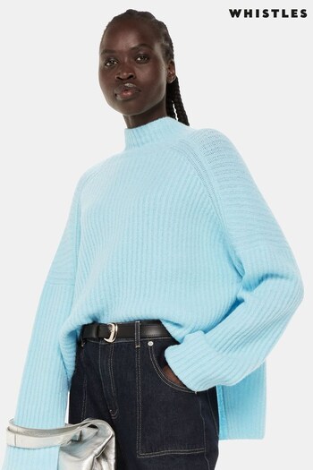 Whistles Blue Wool Mix Rib Funnel Neck Jumper (939451) | £109