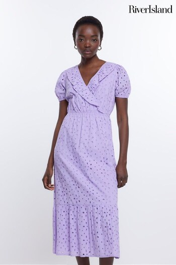 River Island Purple Broderie Wrap Midi Dress (939704) | £65