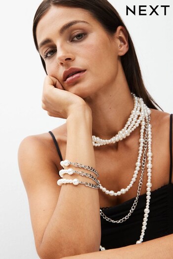 White Pearl And Chain Stretch Bracelet Pack (939748) | £12