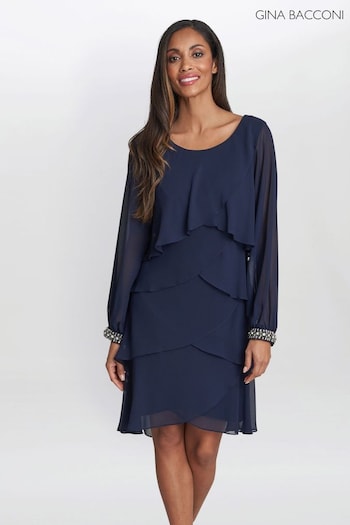Gina Bacconi Blue Sakura Long Sleeved Tiered Dress With Rhinestone Beading At Cuff (939937) | £120