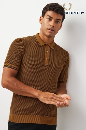 Fred Perry Caramel Brown Textured Knitted Polo manches Shirt (941519) | £120