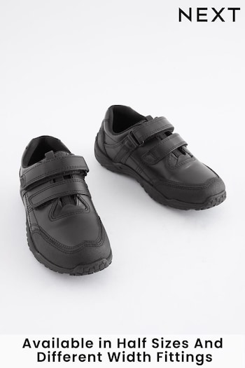Black Wide Fit (G) School Leather Double Strap Shoes fur (941704) | £28 - £36