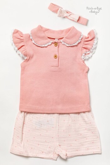 Rock-A-Bye Baby Boutique Pink Rib Top/Crinkle Muslin Shorts and Headband Outfit Set (942136) | £24