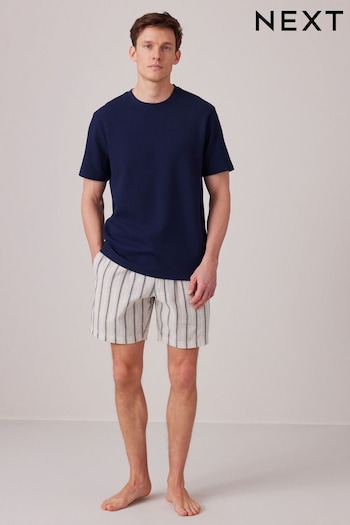 Navy Blue/Cream Stripe Lightweight Short Pyjamas Set (942434) | £24