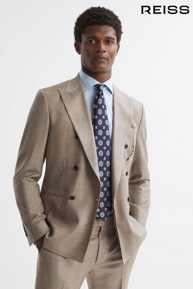 Reiss Oatmeal Abbey Slim Fit Double Breasted Checked Blazer (942570) | £450