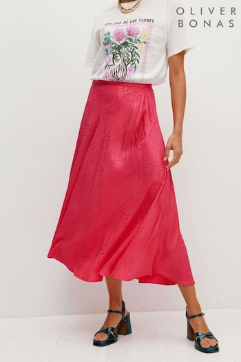 Oliver Bonas Pink Animal Print Jacquard Midi Skirt (943423) | £65
