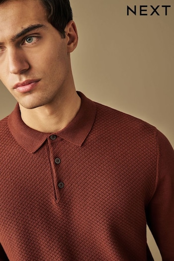 Maroon Red Textured Regular Long Sleeve Knit Polo Shirt (943426) | £28