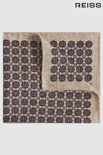 Reiss Oatmeal Melange/Navy Sassari Cotton-Wool Medallion Print Pocket Square (943604) | £38