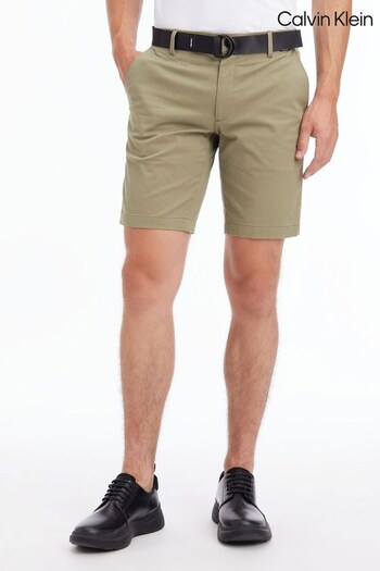 Calvin Two Klein Green Modern Twill Minimal Slim Fit Belted Shorts (944710) | £40