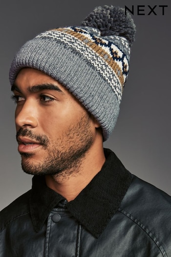 Grey Fairisle Lined Bobble Hat (945040) | £14