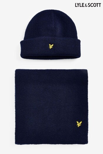 Lyle & Scott Navy Blue Chunky Beanie Hat and Scarf Set (945258) | £65