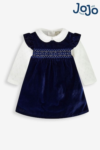 JoJo Maman Bébé Navy Blue Girls' 2-Piece Velvet Smocked Baby Dress & Body Set (945464) | £34