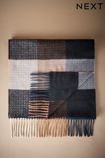 Navy Blue/Neutral Signature Check Woven Scarf with Cashmere (945759) | £36