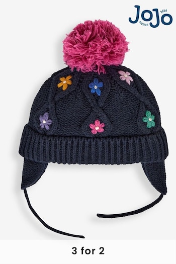JoJo Maman Bébé Navy Girls' Floral Embroidered Cable Hat (945775) | £16.50