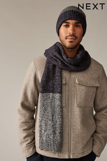 Navy Blue/Charcoal Grey Beanie Hat And Knitted Scarf Soft Touch Set (946366) | £26