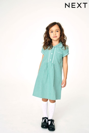 Green Cotton Rich Button Front Lace Gingham School Dress (3-14yrs) (946565) | £9.50 - £13.50