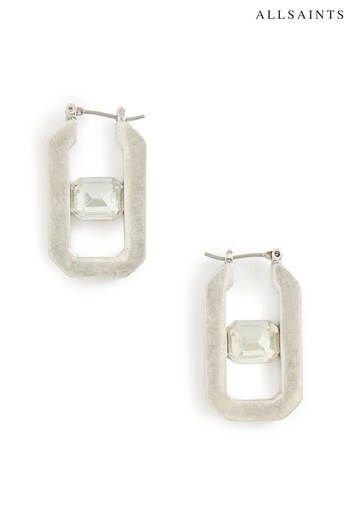 AllSaints Silver Toned Stone Hexagon Hoop Earrings (946816) | £59
