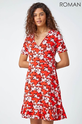 Roman Red Floral Print Wrap Stretch Dress (947657) | £36