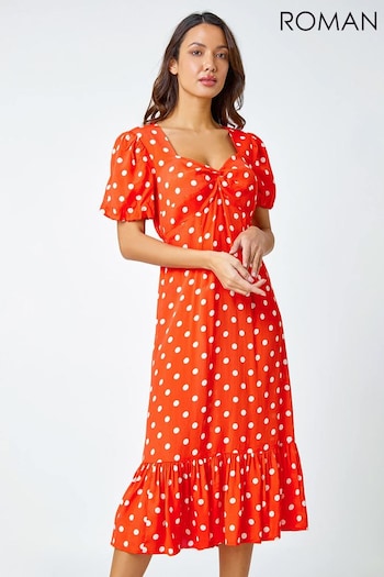 Roman Orange Polka Dot Twist Front Midi Dress (947737) | £45