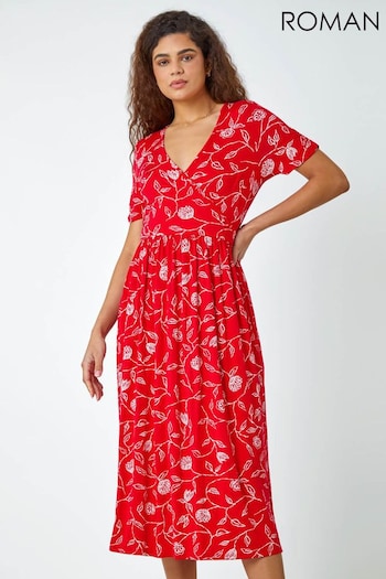 Roman Red Floral Print Midi Wrap Stretch Dress (947757) | £38