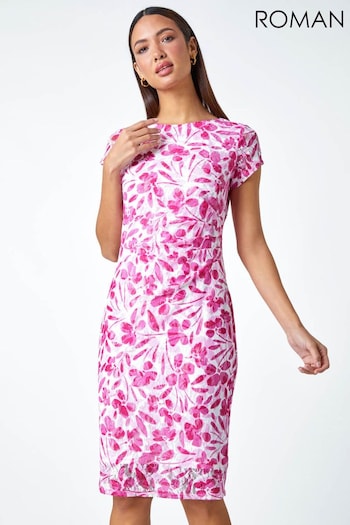Roman White/Red Floral Lace Gathered Stretch Dress (947768) | £45