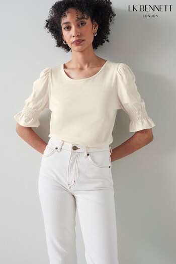 LK Bennett Emily Natural Modal-Cotton Shirred Sleeve Top (947948) | £79