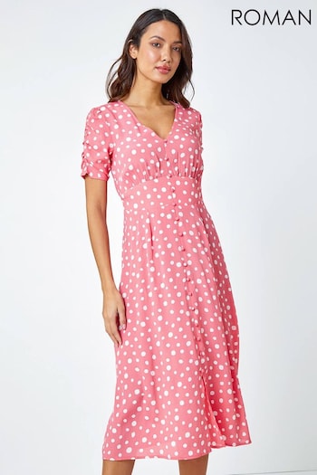 Roman Pink Polka Dot Ruched Sleeve Midi Dress (948003) | £45