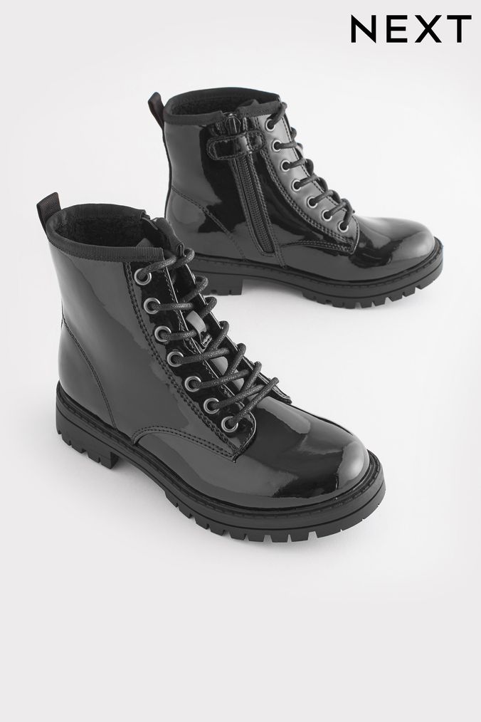 Black Patent Standard Fit (F) Warm Lined Lace-Up Boots (948095) | £29 - £36