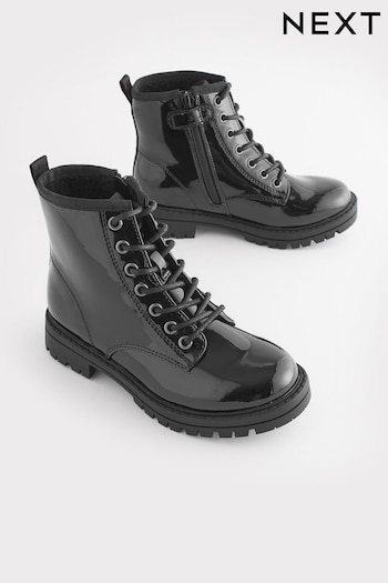 Black Patent Standard Fit (F) Warm Lined Lace-Up inspired Boots (948095) | £29 - £36