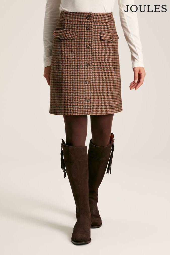 Brown plaid knee top length skirt