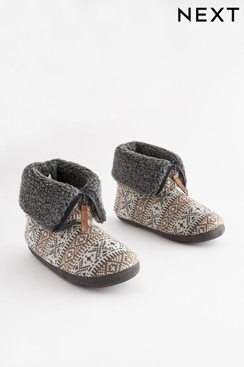Stone Cream Knitted Fairisle Pattern Zip Boot Slippers (948389) | £26