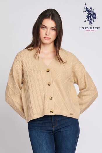 U.S. Polo Schwarz Assn. Womens Patchwork Cable Brown Cardigan (948917) | £80