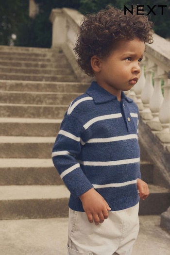 Navy Blue Long Sleeve Stripe Polo Shirt (3mths-7yrs) (949247) | £13 - £15